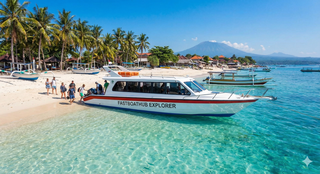 Fast boat bersandar di pantai pasir putih Nusa Lembongan dengan air laut biru jernih."